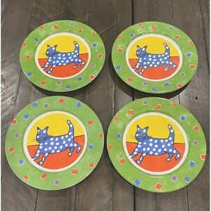 Block Bernarda Cat‎ Set of 4 Salad Dessert Plate Vintage Pottery Portugal Dots